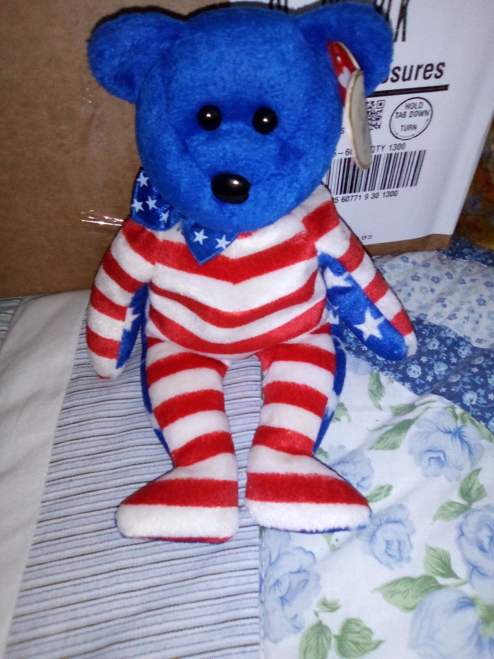 Ty Patriotic Bear Plush - Blue Head with Red & White Stripes